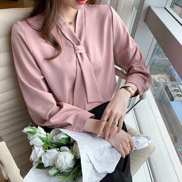 レディース ブラウス シャツ トップス 長袖 ゆったり 春 秋 きれいめ 体型カバー 春夏 前開き Vネック ホワイト 上品 レギュラー