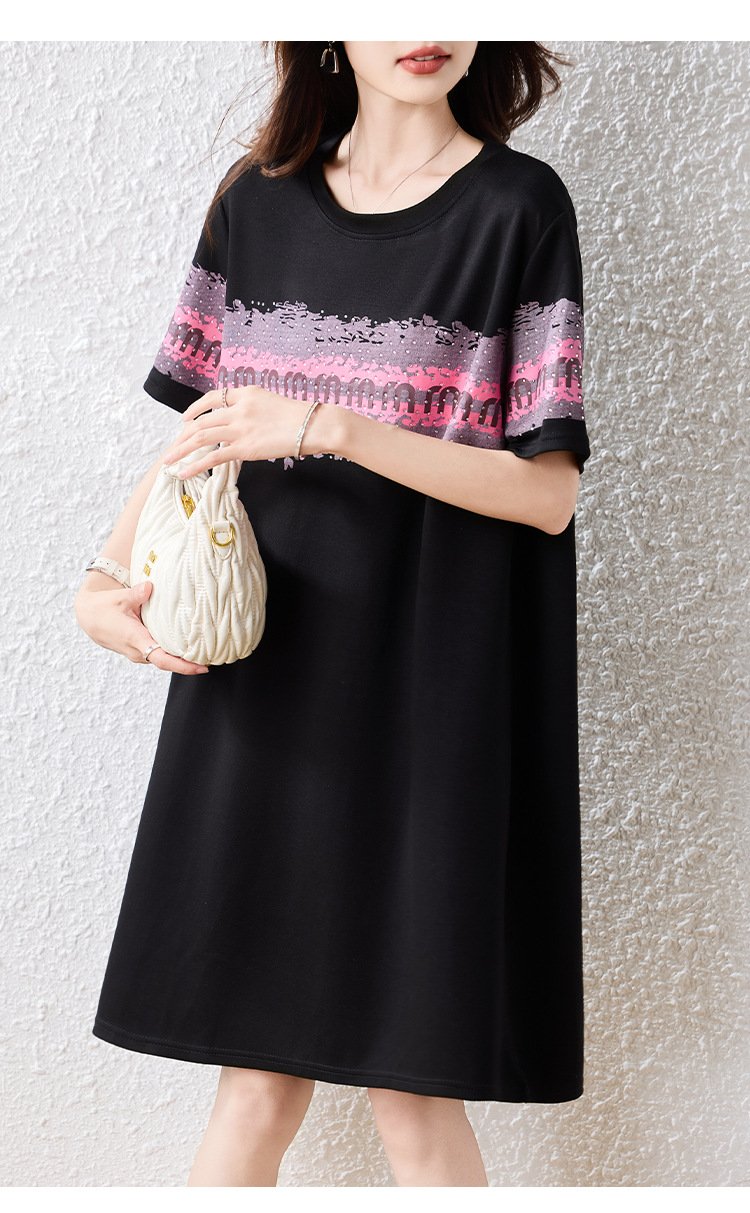 ワンピース ドレス 半袖 春夏 きれいめ レトロ 春 夏 黒 ラウンドネック ミモレ 上品 大きい