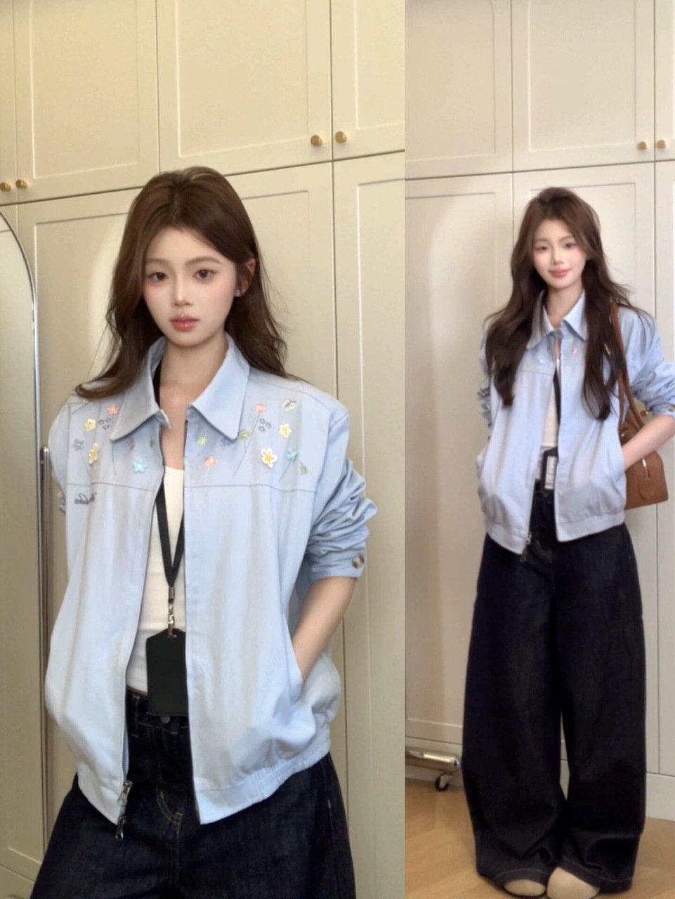 レディース トップス ジャケット 長袖 花柄 ゆったり コットン 綿 秋冬 秋 カジュアル 体型カバー ショート 膝丈 冬 刺繍 襟付き ブルー アウター ポリエステル
