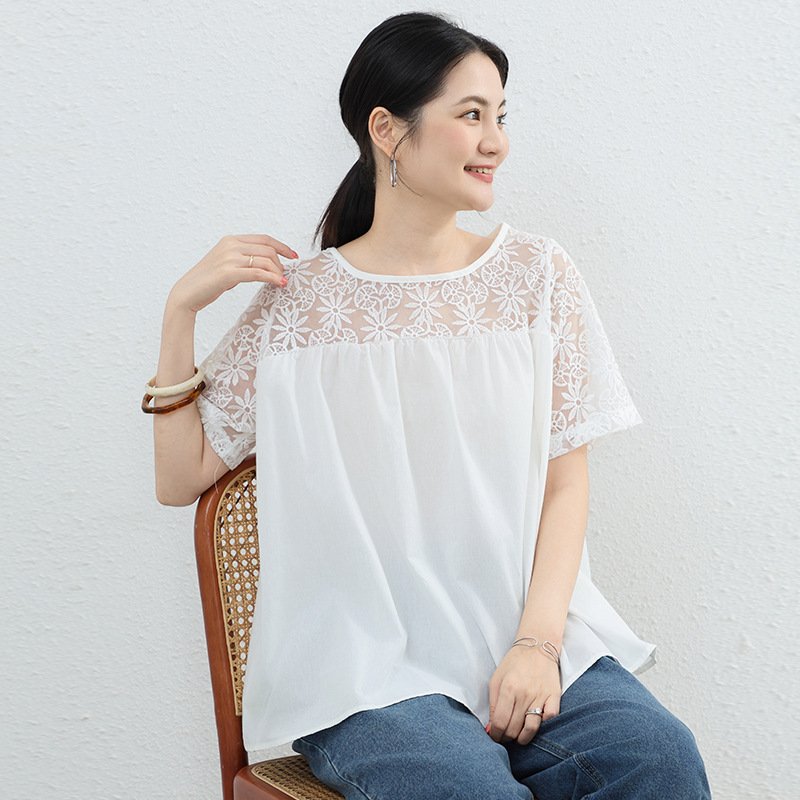シャツ トップス Tシャツ 半袖 無地 ゆったり 春夏 きれいめ 通勤 大きいサイズ 前開き 春 夏 ラウンドネック レース シンプル 上品