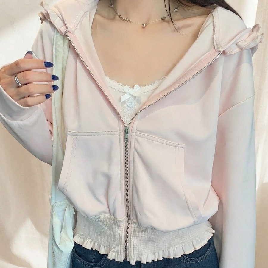 レディース トップス パーカー 長袖 無地 ゆったり 春夏 きれいめ 体型カバー 春 ショート 夏 シンプル 上品 フリル ラフ ピンク フード