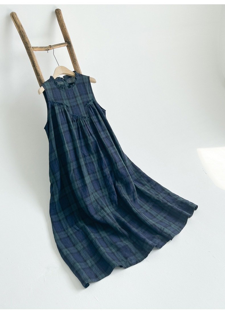 ワンピース ノースリーブ チェック柄 春夏 袖なし 春 夏 ラウンドネック 大きい コットン