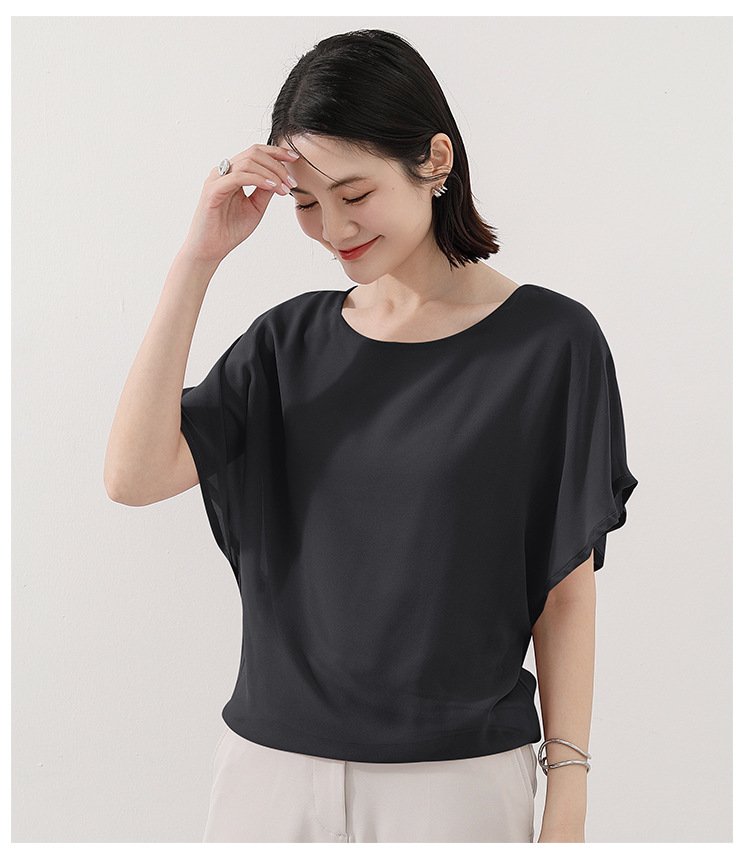 トップス Tシャツ 半袖 無地 ゆったり スリム 春夏 きれいめ 通勤 体型カバー 春 夏 ラウンドネック 上品 シフォン シャツ 薄手 丸襟 レギュラー ポリエステル