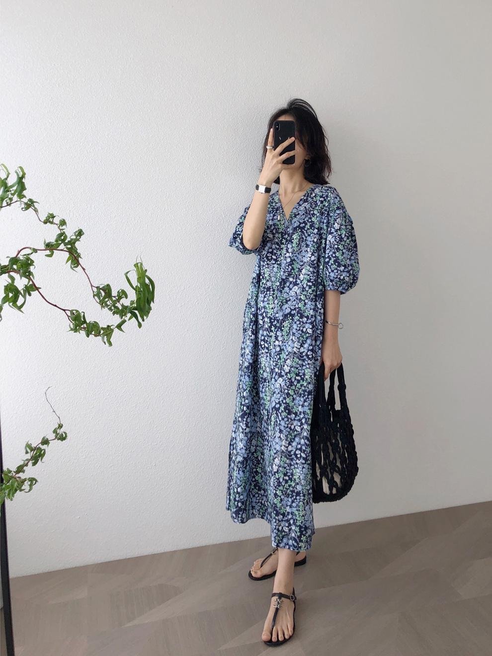 ワンピース 長袖 花柄 無地 春夏 Vネック 春 白 夏 シンプル ロング パフスリーブ