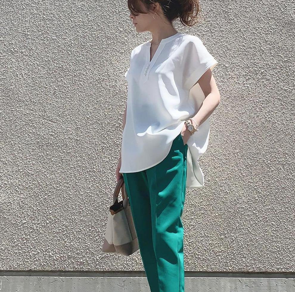 レディース シャツ Tシャツ 半袖 無地 ゆったり 夏 きれいめ 通勤 体型カバー 春夏 前開き Vネック シンプル 上品 サテン