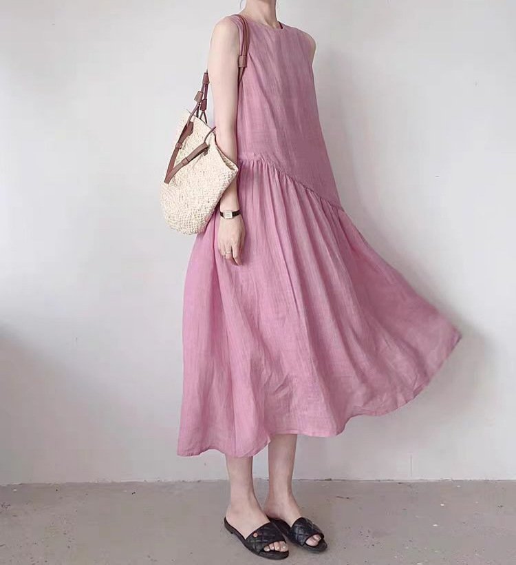 ワンピース ドレス ノースリーブ 無地 春夏 ミニ 袖なし 可愛い 春 夏 ラウンドネック シンプル ロング 大きい 切り替えデザイン