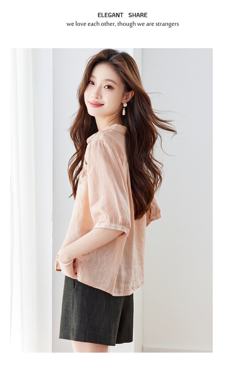 レディース ブラウス シャツ トップス ゆったり リネン 春夏 体型カバー 前開き 春 夏 膝丈 フラワー シンプル 切り替えデザイン 襟付き エレガント ボタン レディースシャツ