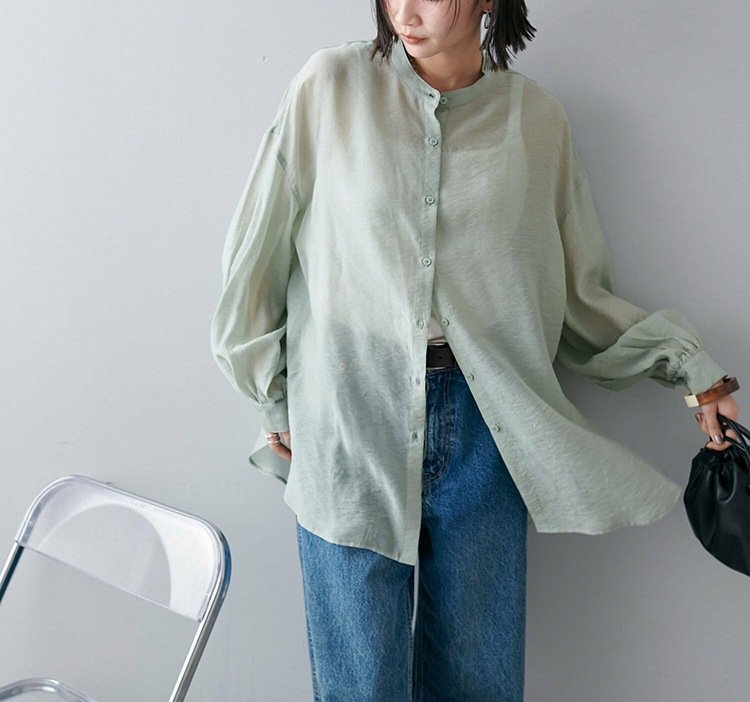 シャツ 長袖 春夏 きれいめ 前開き Vネック 春 夏 上品 薄手 タイ シアー アウター ポリエステル 柔らかい