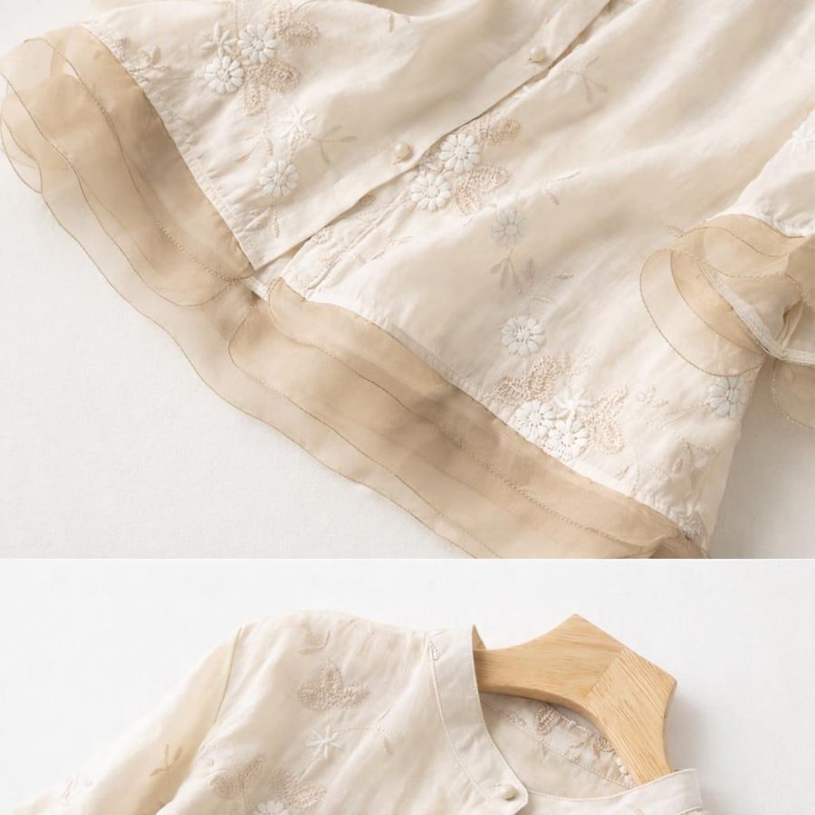 レディース ブラウス シャツ トップス ゆったり コットン 綿 麻 春夏 レトロ 前開き 春 夏 レース 刺繍 スタンドカラー レギュラー
