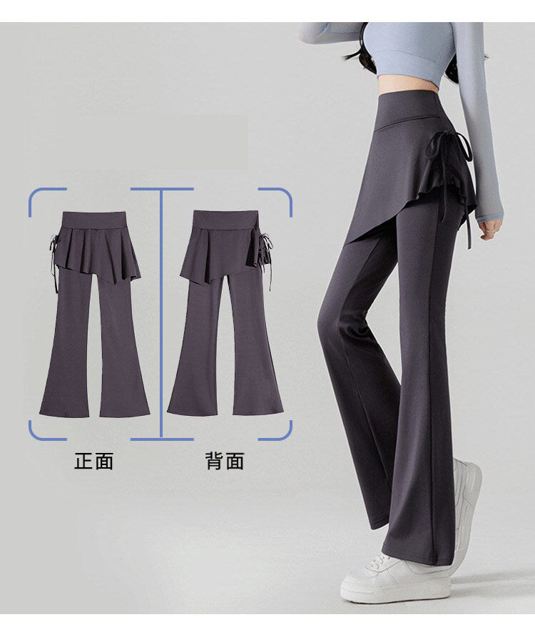 レディース ボトムス ロングパンツ フレアパンツ 重ね着風 フェイクレイヤード アシンメトリー 切り替え 裾ワイド フェミニン リボン ハイウエスト かわいい 大人可愛い きれいめ シンプル カジュアル 上品 おしゃれ こなれ感 スポーティー ガーリー 抜け感 無地 春 夏 秋 学生 学校 通学 お出かけ お泊まり ジム 公園 女子会 休日 高原 ガーデン ショッピング カフェ ダンス ヨガ トレーニング 美脚 脚長 普段使い 着回し M L XL 黒 ブラック グレー