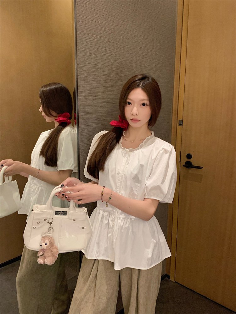 レディース シャツ 半袖 無地 春夏 レトロ 前開き 春 白 夏 ラウンドネック シンプル パフスリーブ レギュラー ポリエステル 白シャツ