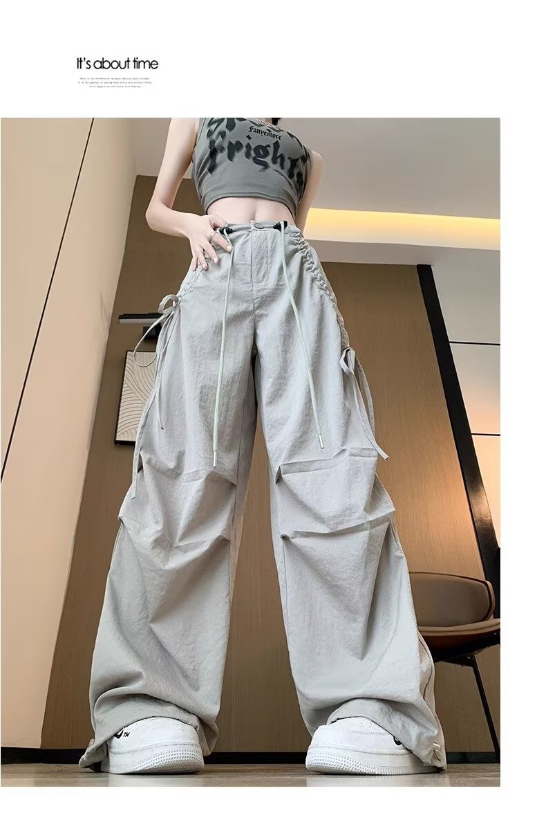 レディース パンツ ワイド カジュアル レトロ ストレート ワークパンツ 切り替えデザイン ストリート ポリエステル