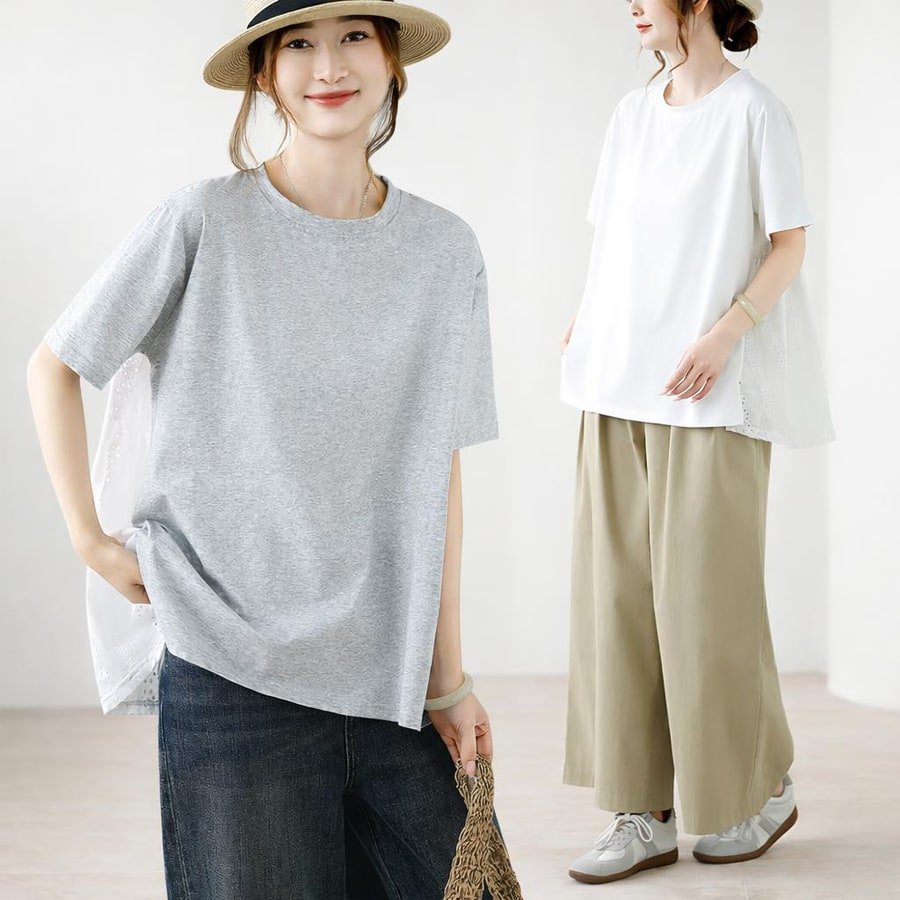 シャツ トップス 半袖 ゆったり コットン 綿 春夏 体型カバー 大きいサイズ 前開き 春 ショート 夏 レース 切り替えデザイン プルオーバー レギュラー 丸首