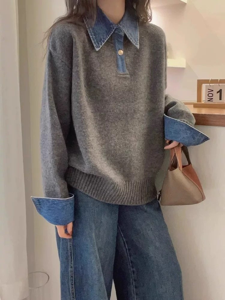 レディース トップス ニット 長袖 無地 ゆったり デニム 春夏 きれいめ 通勤 おしゃれ 春 夏 秋 シンプル 冬 セーター プルオーバー レイヤード 都会的 レギュラー 秋冬
