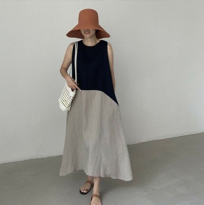ドレス ノースリーブ 無地 春夏 袖なし 春 夏 膝上 ラウンドネック シンプル ロング シック