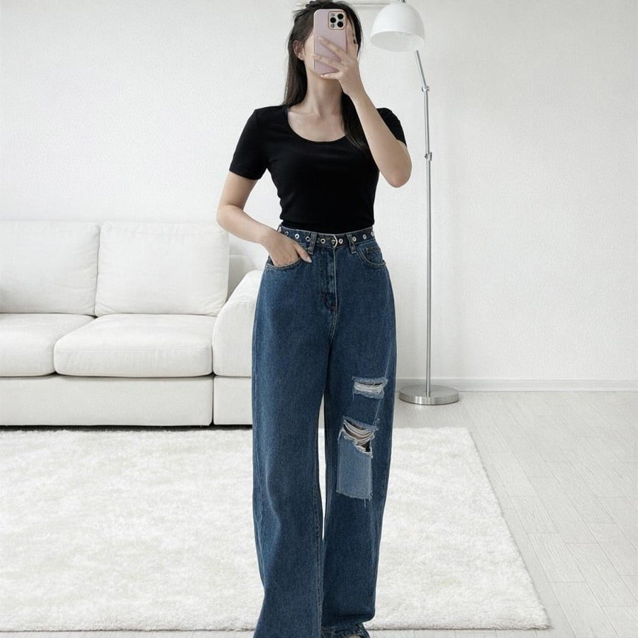 レディース パンツ ワイド コットン 綿 デニム 春夏 きれいめ 通勤 春 夏 ロング ストレート デニムパンツ ハイウエスト ヴィンテージ 都会的 ダメージ ウォッシュ