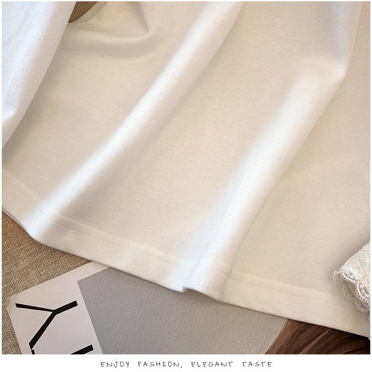 レディース Tシャツ 長袖 無地 春夏 きれいめ 春 白 夏 膝丈 ラウンドネック レース シンプル 上品 シャツ 切り替えデザイン ポリエステル