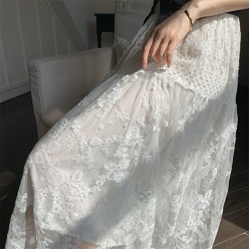 レディース スカート 無地 春夏 カジュアル 春 夏 レース 上品 ロング 切り替えデザイン ハーフ ハイウエスト ストレッチ ロングスカート
