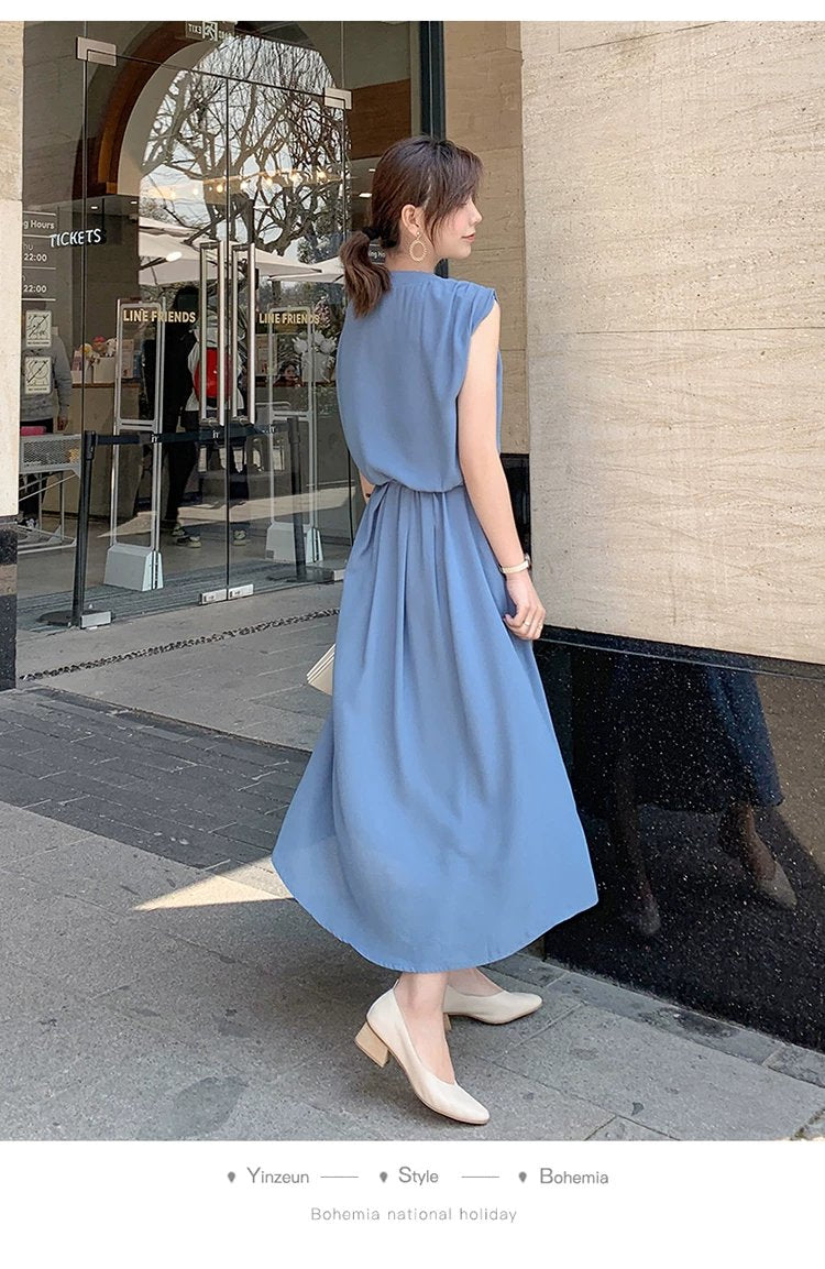 ワンピース ノースリーブ 無地 夏 きれいめ 通勤 春夏 袖なし Vネック シンプル ロング 上品 ウエストマーク