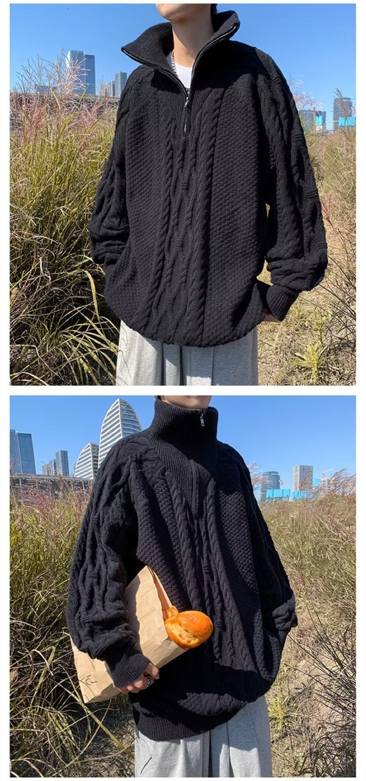 ニット ジャケット 長袖 ゆったり コットン 綿 麻 冬 体型カバー タートルネック セーター ハーフ ヴィンテージ