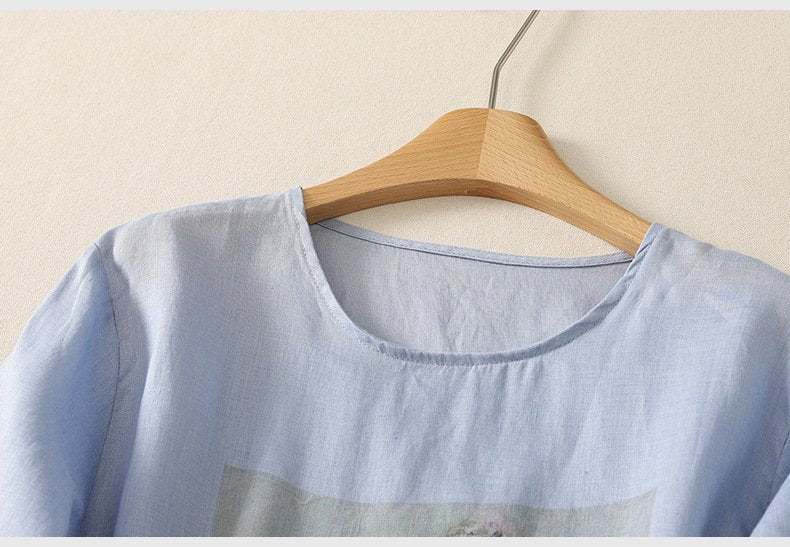 トップス Tシャツ 半袖 プリント ゆったり コットン 綿 リネン 春夏 きれいめ レトロ 通勤 体型カバー 春 夏 ラウンドネック シャツ 都会的 レギュラー 丸首