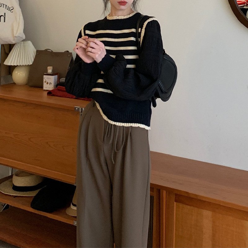 レディース トップス ニット 長袖 ボーダー ストライプ チェック柄 ゆったり 春 体型カバー 春夏 ラウンドネック セーター プルオーバー タイ ポリエステル