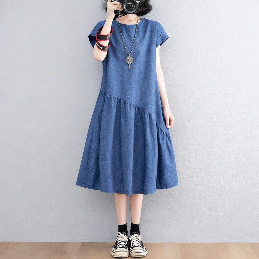 ワンピース 半袖 デニム 夏 春夏 ラウンドネック ロング 上品 大きい ポリエステル