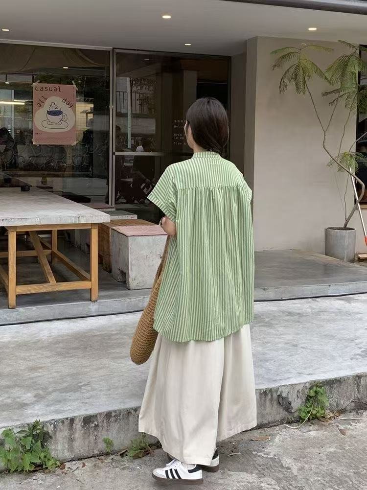 レディース シャツ トップス パンツ ボーダー ストライプ 無地 ゆったり 春夏 カジュアル きれいめ レトロ 前開き ミニ 春 夏 シンプル 上品 ロング 切り替えデザイン スーツ フェミニン タイ アプリコット セットアップ グリーン ポリエステル