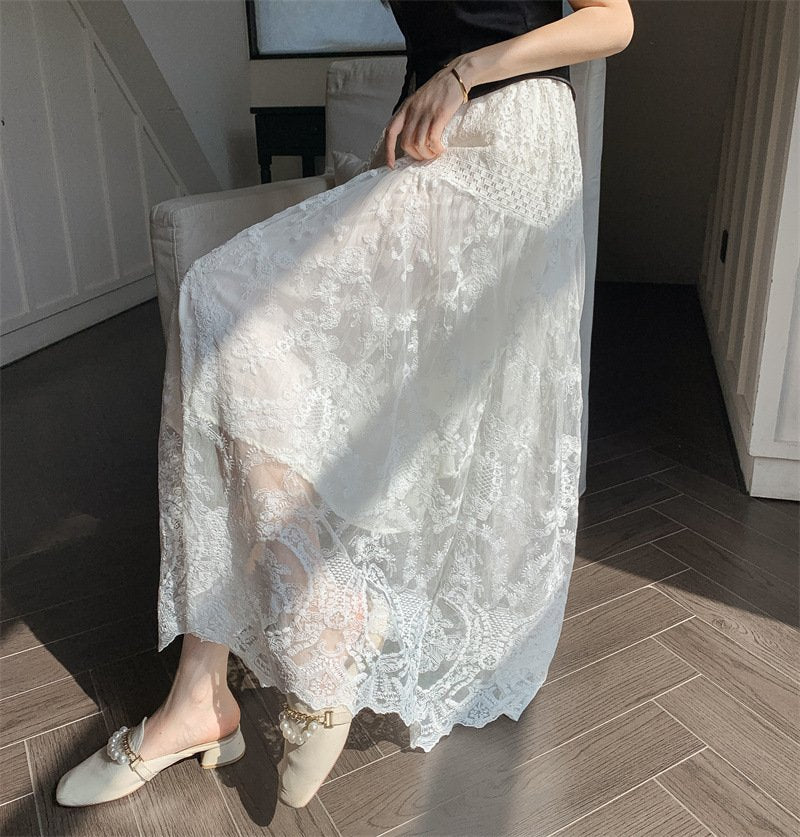 レディース スカート 無地 春夏 カジュアル 春 夏 レース 上品 ロング 切り替えデザイン ハーフ ハイウエスト ストレッチ ロングスカート