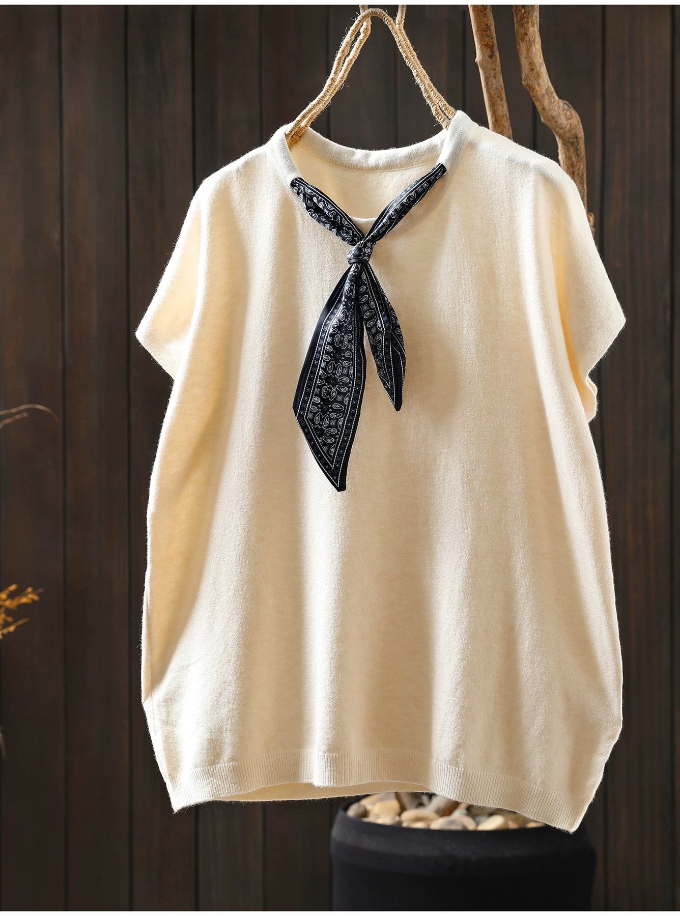 トップス Tシャツ ニット ノースリーブ ゆったり コットン 綿 秋冬 秋 体型カバー 袖なし ラウンドネック 冬 シャツ スカーフ インナー