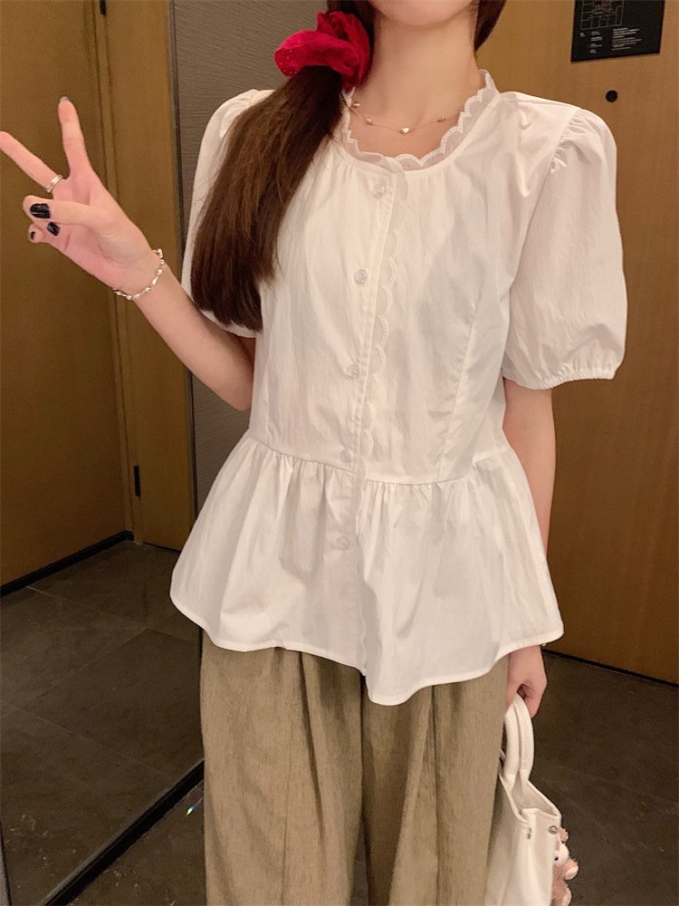 レディース シャツ 半袖 無地 春夏 レトロ 前開き 春 白 夏 ラウンドネック シンプル パフスリーブ レギュラー ポリエステル 白シャツ