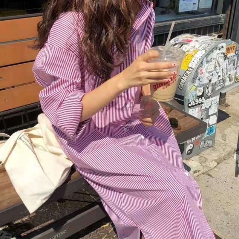 ワンピース 長袖 ボーダー ストライプ 春 秋 体型カバー 春夏 韓国ファッション 襟付き