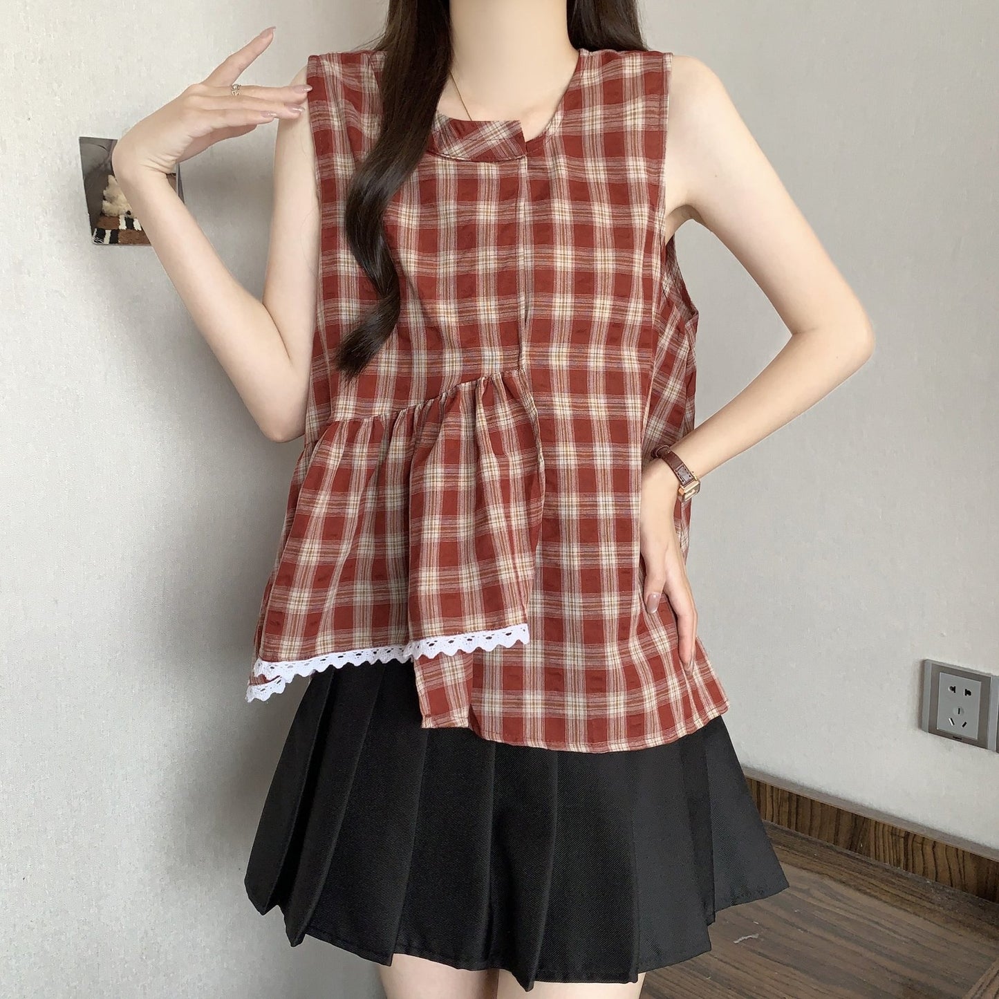 レディース シャツ チェック柄 春夏 きれいめ 大きいサイズ 前開き 春 夏 レース 上品 フリル Aライン レギュラー ポリエステル