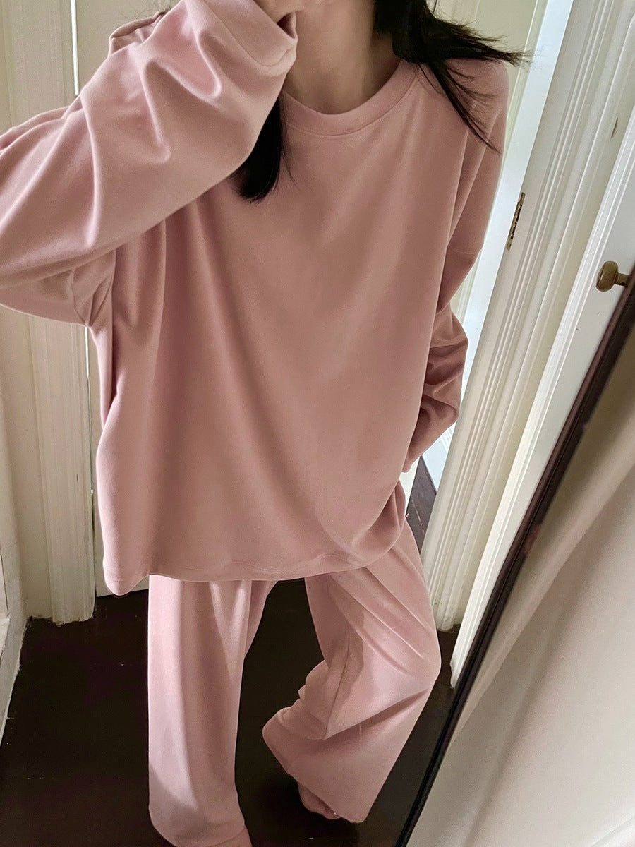 レディース トップス パンツ ボトムス ルームウェア パジャマ プルオーバー 部屋着 セットアップ 2点セット 上下セット 裏起毛 寝巻き ロング ミドル丈 長袖 ドロップショルダー ラウンドネック 襟なし ワイド オーバーサイズ  かわいい シンプル カジュアル ラフ こなれ感 ベーシック 無地 秋 冬 ママ お泊まり リゾート 旅行 休日 ホテル お家時間 楽ちん M L XL 2XL 大きいサイズ ゆったり ブラック ピンク ベーシックカラー