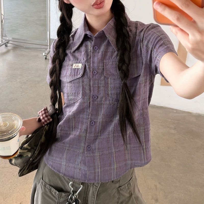 シャツ トップス 半袖 チェック柄 アニマル柄 春夏 カジュアル アメリカン レトロ 前開き ミニ 春 ショート 夏 ロング 切り替えデザイン オープンショルダー 襟付き ポケット フェミニン ボタン