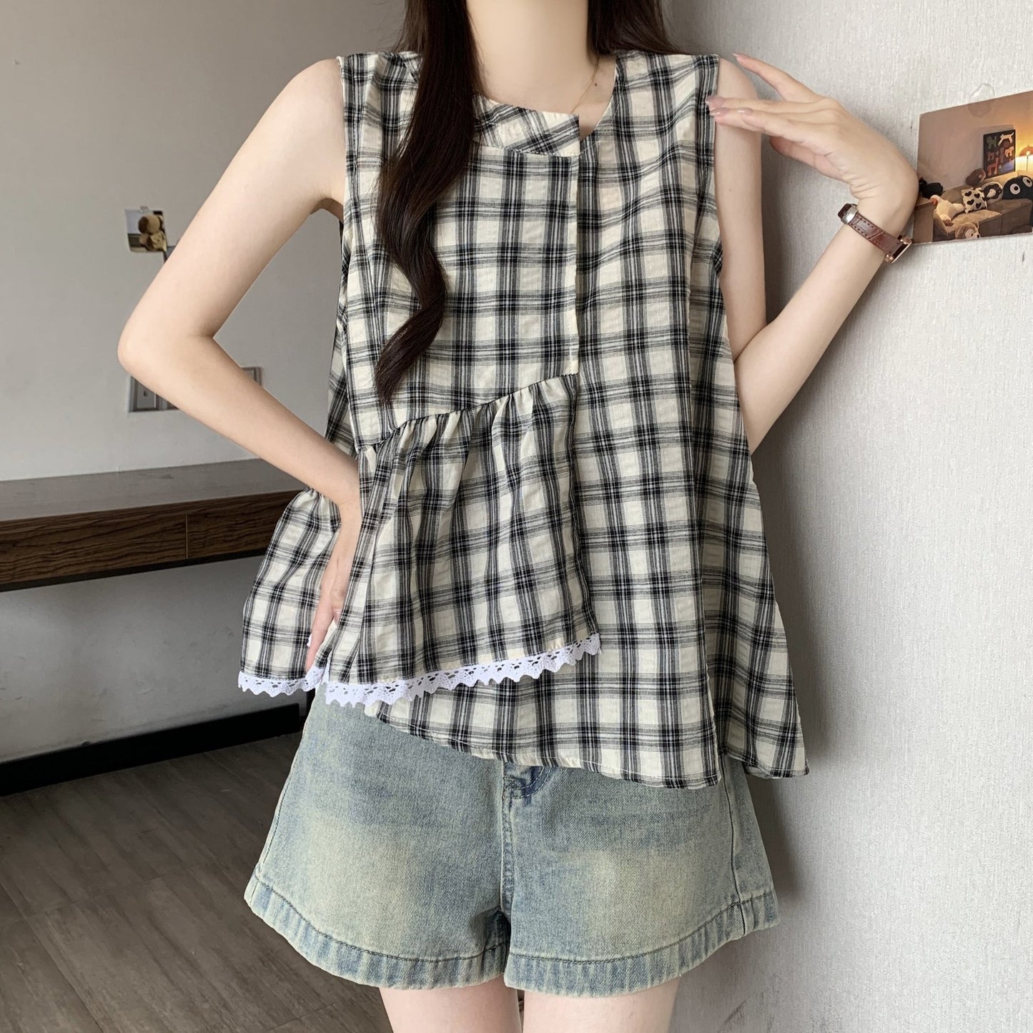 レディース シャツ チェック柄 春夏 きれいめ 大きいサイズ 前開き 春 夏 レース 上品 フリル Aライン レギュラー ポリエステル
