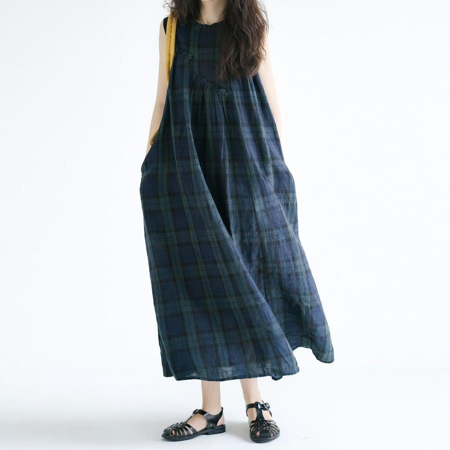 ワンピース ノースリーブ チェック柄 春夏 袖なし 春 夏 ラウンドネック 大きい コットン