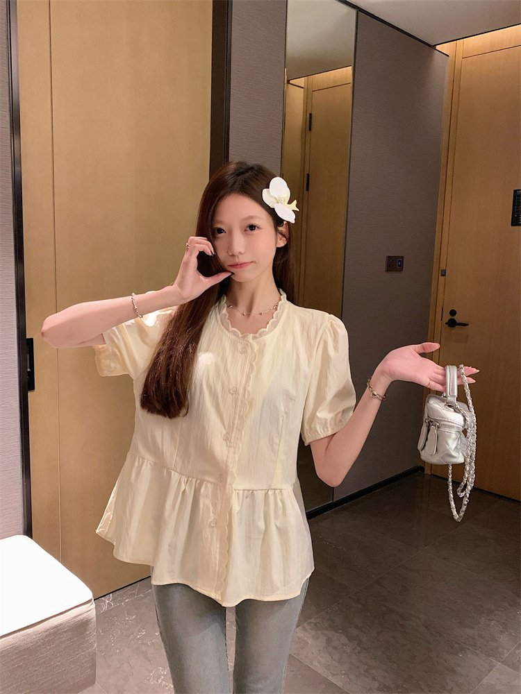 レディース シャツ 半袖 無地 春夏 レトロ 前開き 春 白 夏 ラウンドネック シンプル パフスリーブ レギュラー ポリエステル 白シャツ