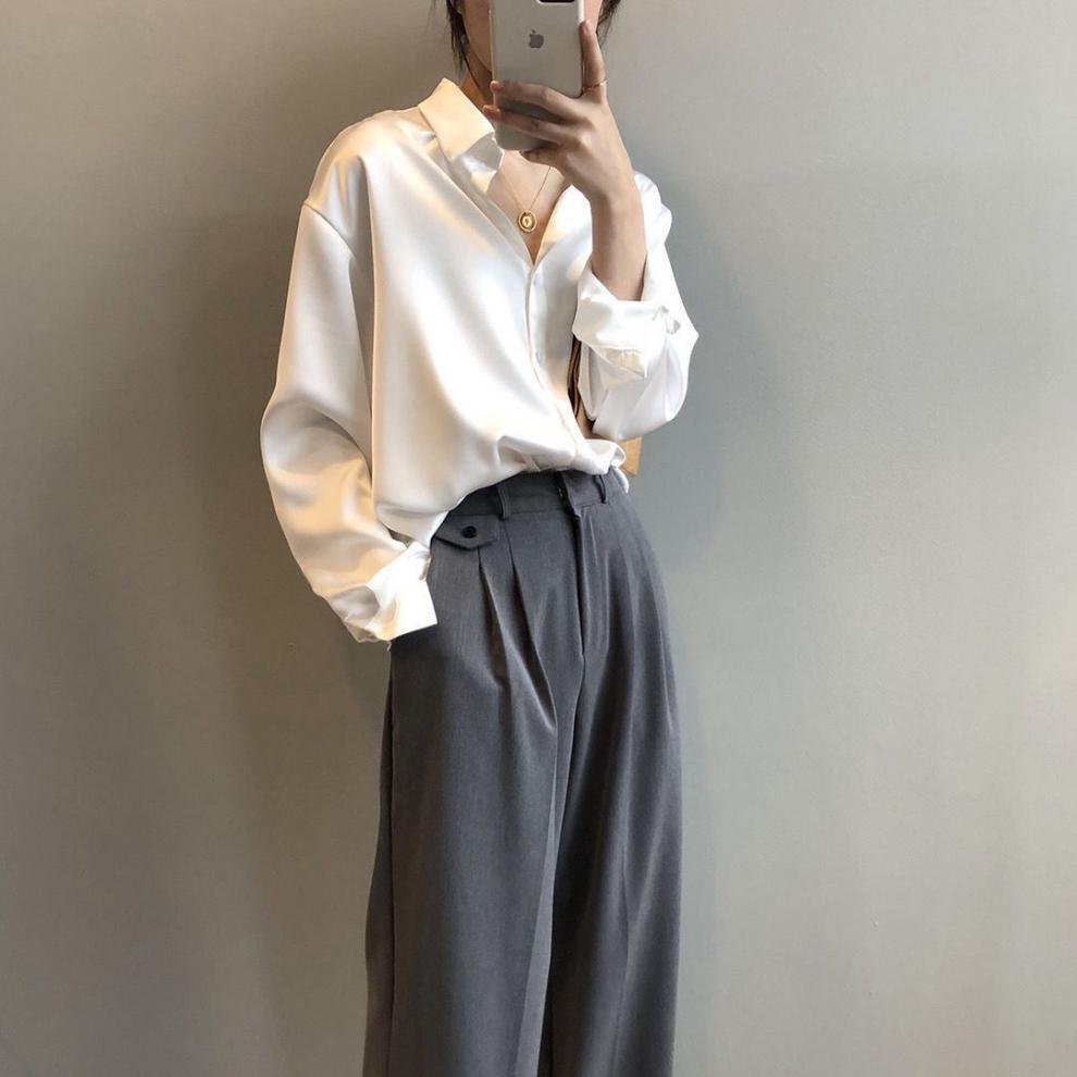 シャツ 長袖 無地 ゆったり 夏 秋冬 カジュアル きれいめ 春夏 前開き ミニ 白 秋 シンプル 冬 上品 サテン タイ レギュラー ポリエステル 白シャツ