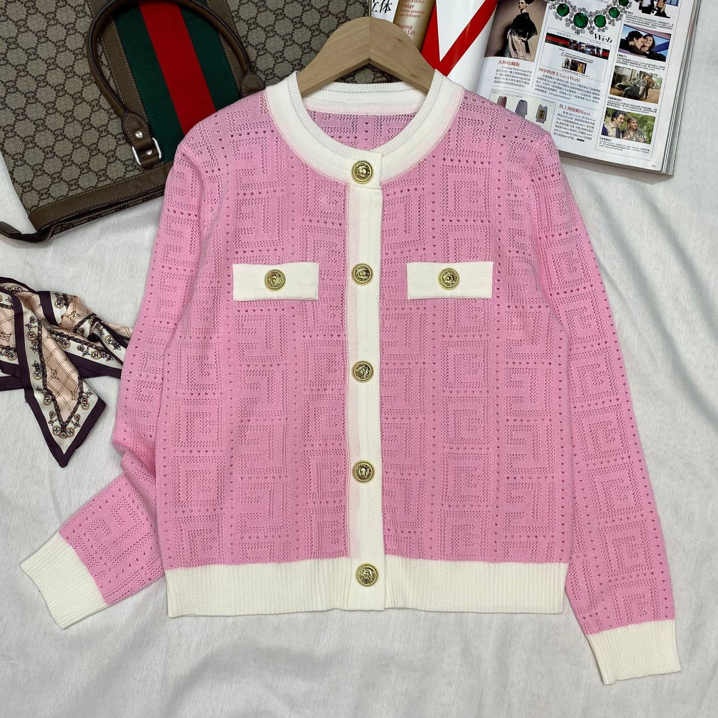 レディース トップス ニット カーディガン 長袖 秋冬 秋 きれいめ おしゃれ 膝丈 ラウンドネック 冬 上品 薄手 ウール 切り替えデザイン ボタン 丸首 配色