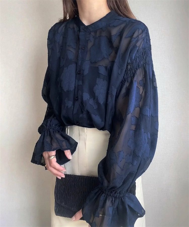 シャツ 長袖 ボーダー ストライプ ゆったり 春夏 きれいめ 通勤 韓国風 前開き 春 夏 透け感 都会的 ボタン 立ち襟 UVカット