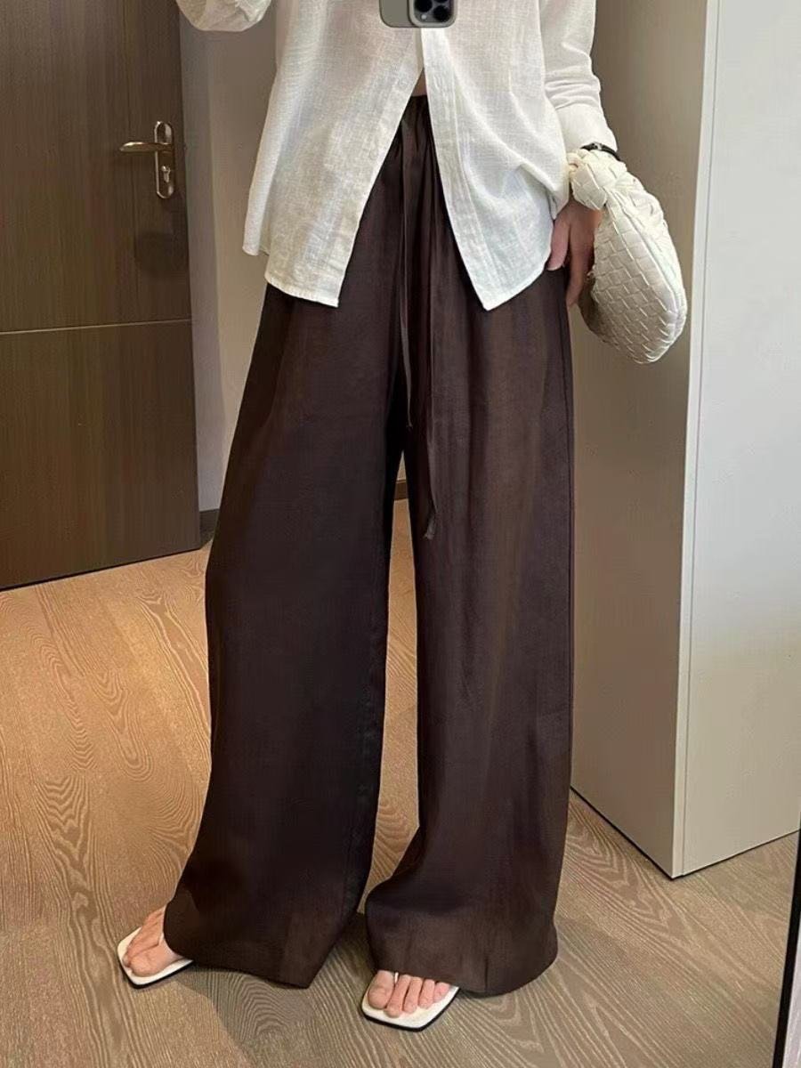 パンツ ゆったり ワイド リネン 春夏 カジュアル きれいめ 春 夏 スリム 上品 ブラウン ワイドパンツ 薄手 ポリエステル