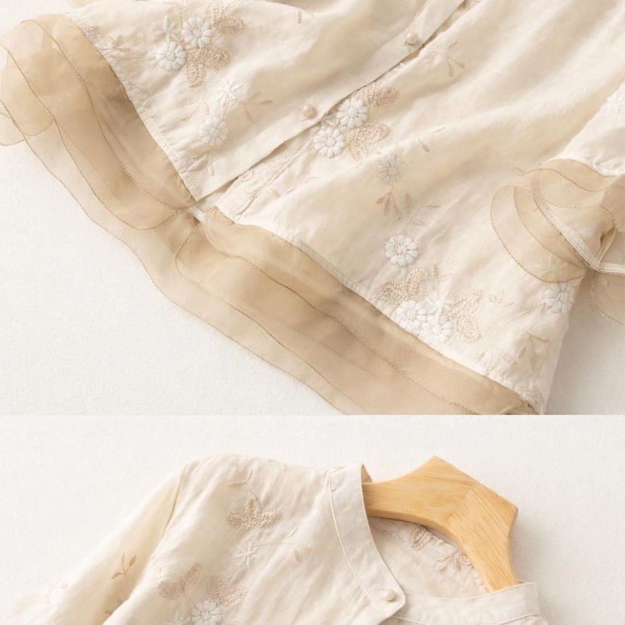 レディース ブラウス シャツ トップス ゆったり コットン 綿 麻 春夏 レトロ 前開き 春 夏 レース 刺繍 スタンドカラー レギュラー