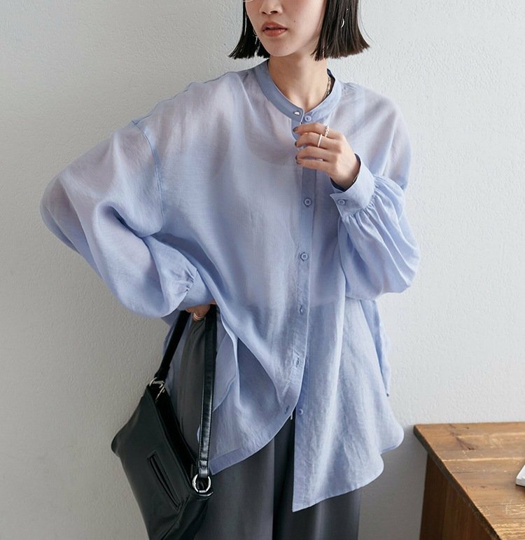 シャツ 長袖 春夏 きれいめ 前開き Vネック 春 夏 上品 薄手 タイ シアー アウター ポリエステル 柔らかい