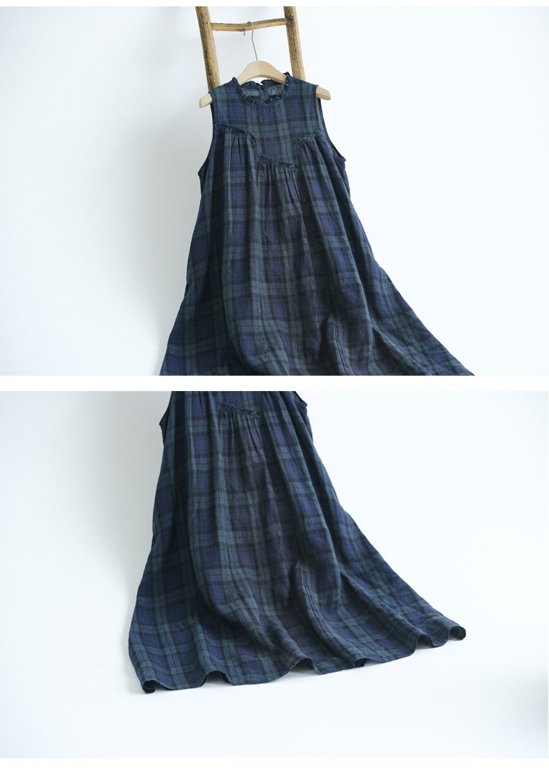 ワンピース ニット ノースリーブ チェック柄 春夏 袖なし 春 夏 ラウンドネック フリル 大きい Aライン
