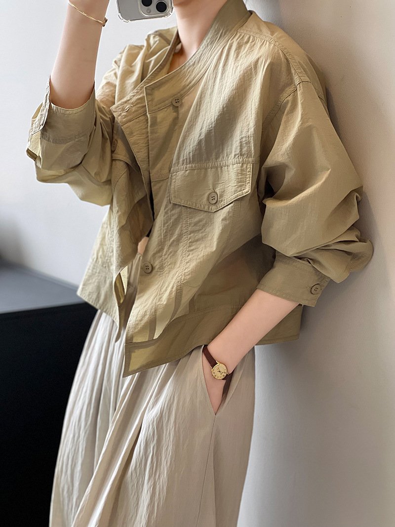 レディース シャツ コート 長袖 夏 韓国風 春夏 前開き ショート 薄手 スタンドカラー アウター ボタン ポリエステル