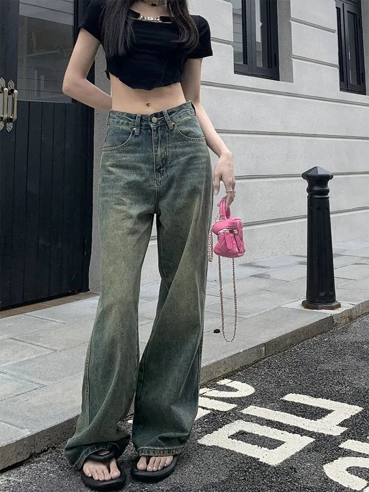 レディース パンツ ゆったり ワイド デニム 春夏 カジュアル アメリカン レトロ 大きいサイズ 春 夏 ロング ワイドパンツ 切り替えデザイン デニムパンツ ハイウエスト タイ ストレッチ ポリエステル