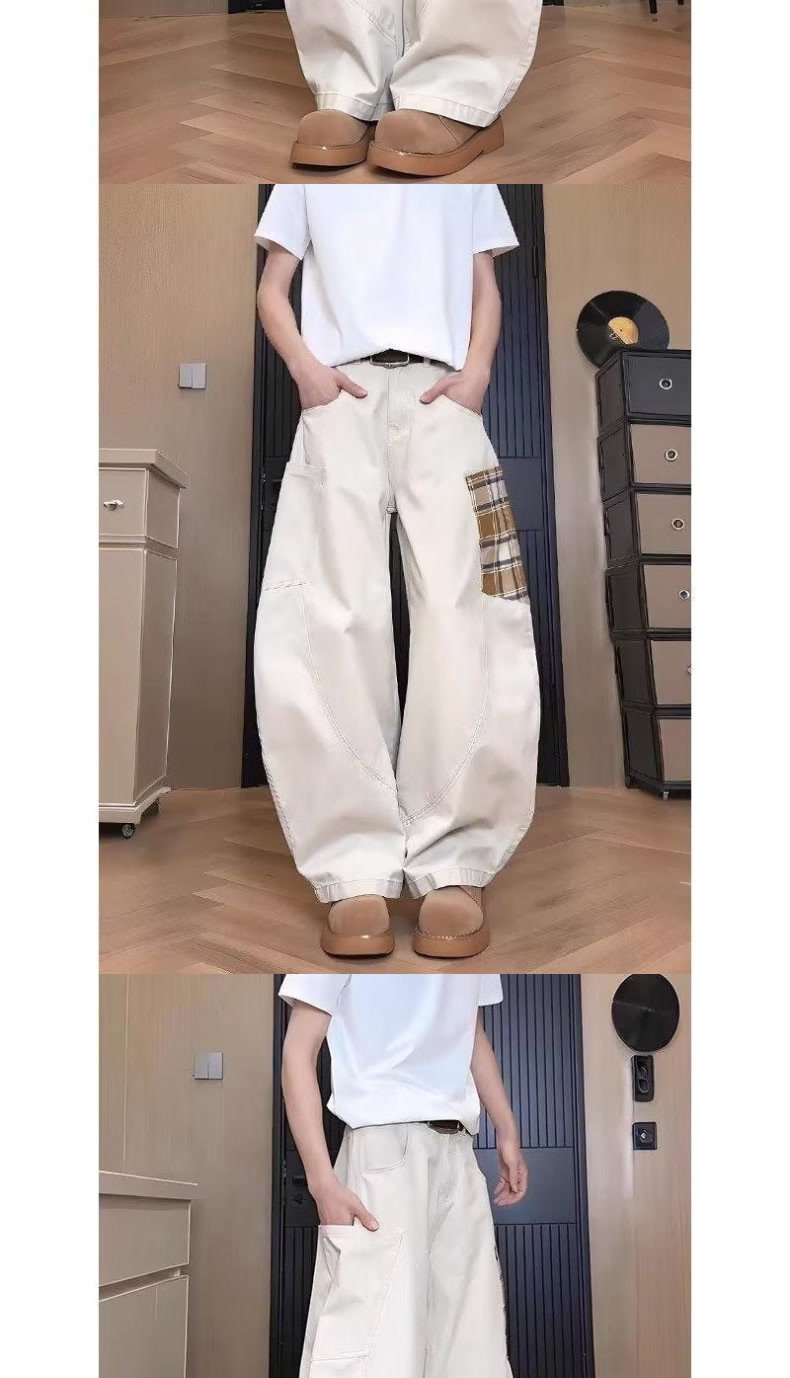 パンツ ボーダー ストライプ チェック柄 ゆったり ワイド コットン 綿 デニム 秋冬 秋 カジュアル アメリカン 冬 ロング デニムパンツ ポケット
