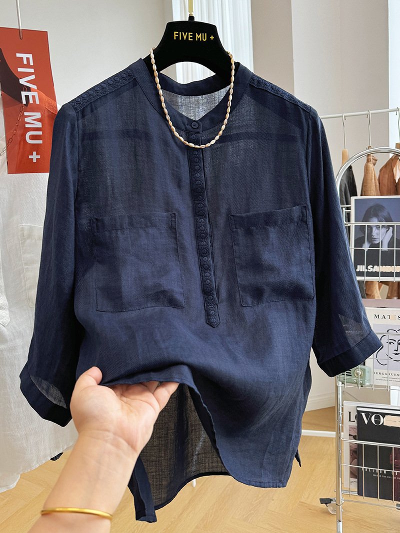 レディース ブラウス シャツ 麻 春夏 きれいめ 通勤 おしゃれ 前開き 春 夏 ラウンドネック タイト 刺繍 ハイネック 細身 薄手 プルオーバー スタンドカラー エレガント タイ 都会的 レギュラー ポリエステル 着痩せ