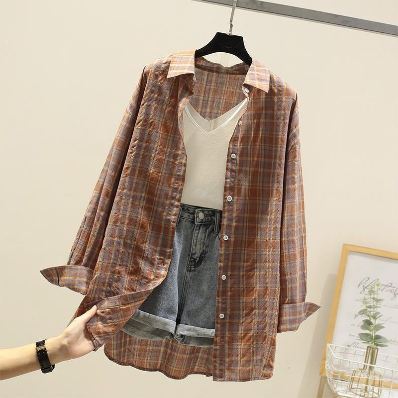 レディース シャツ コート 長袖 チェック柄 ゆったり コットン 綿 春夏 きれいめ 前開き 春 夏 学生 上品 薄手 レギュラー
